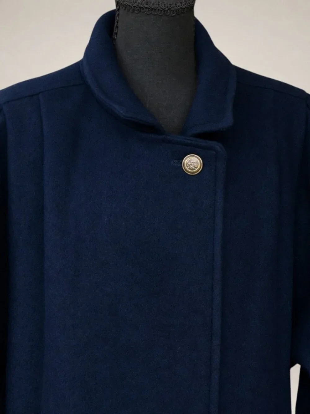 Vintage 1980s JOFELD Navy Wool Blend Double Breasted Long Coat Women's 12/14